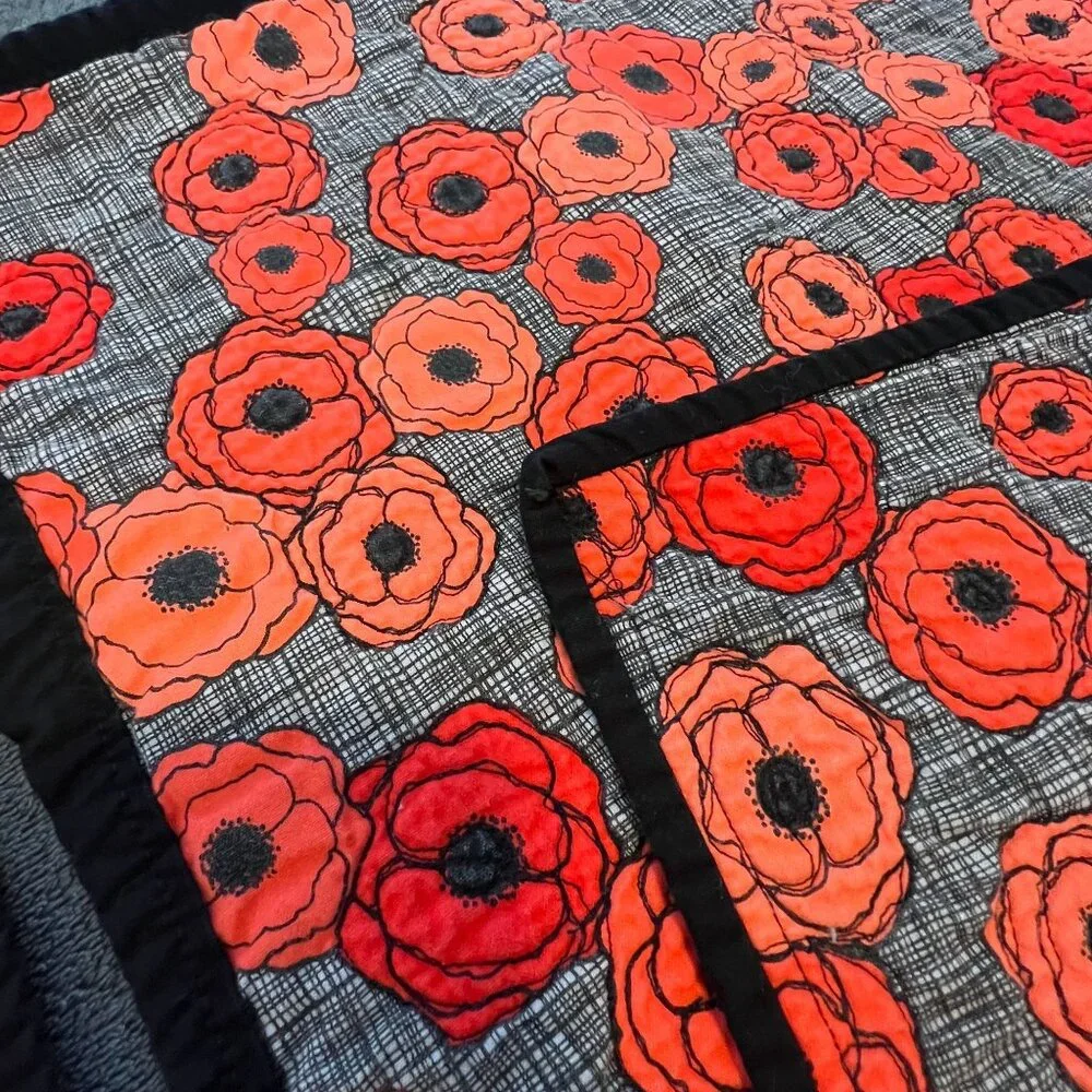 Set Of 4 Handmade Quilted‎ Placemats With Red & Orange Poppies Floral Design
